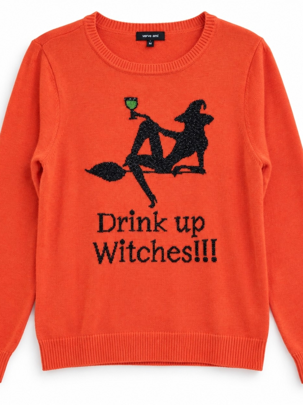 Verve Ami Halloween Sweater L Orange Drink Up Witches Sparkly Witch